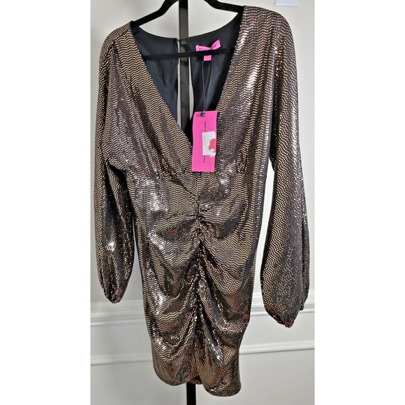 Betsey Johnson Sequin Bodycon Mini Dress Bronze Ruched V Neck Size L - Picture 4 of 12